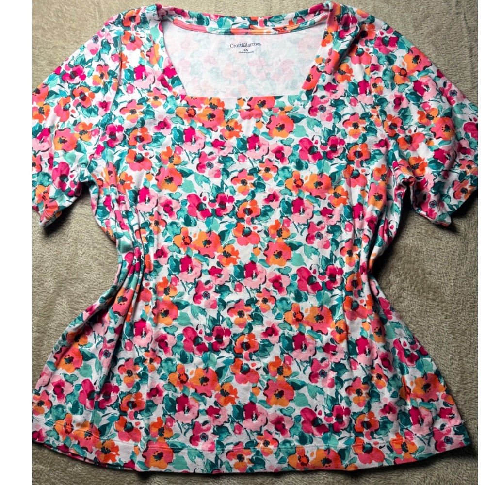 Croft & Barrow Womens 1X Floral Square Neck Cotton Short Sleeve Top Pink Orange